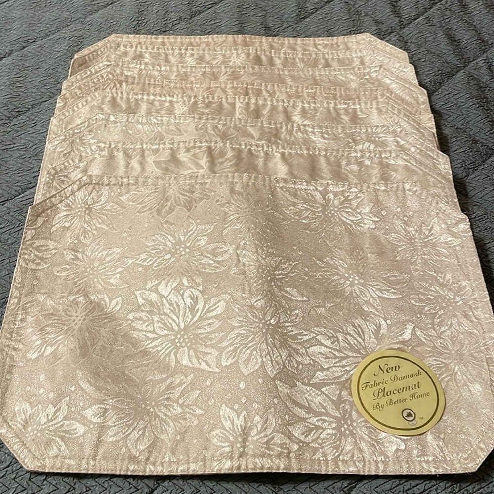 Better Home Reversible Cream Color Damask Fabric Placemats-Poinsettia-Set of 8